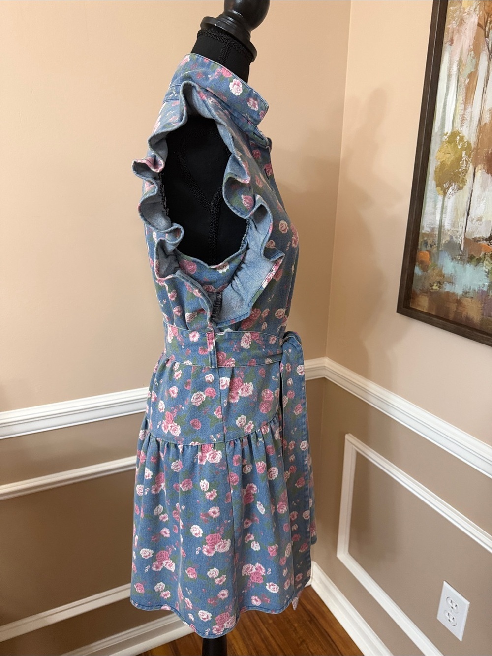 Floral Ruffle Belted Button-Up Dress - Blue with Pink Roses - Picture 7 of 9